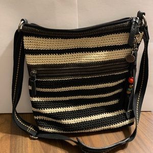 The Sak Black and White striped Lucia Crochet Crossbody Bag
